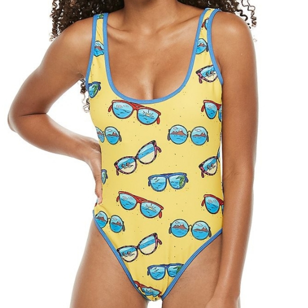 UNDERCURRENT Graphic Print Swimsuit  Sunglasses Yellow  Juniors Small  NEW